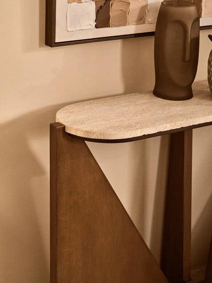 Cream Travertine Top Console Table with Brown Acacia Wood Frame | Winton
