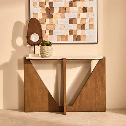 Cream Travertine Top Console Table with Brown Acacia Wood Frame | Winton