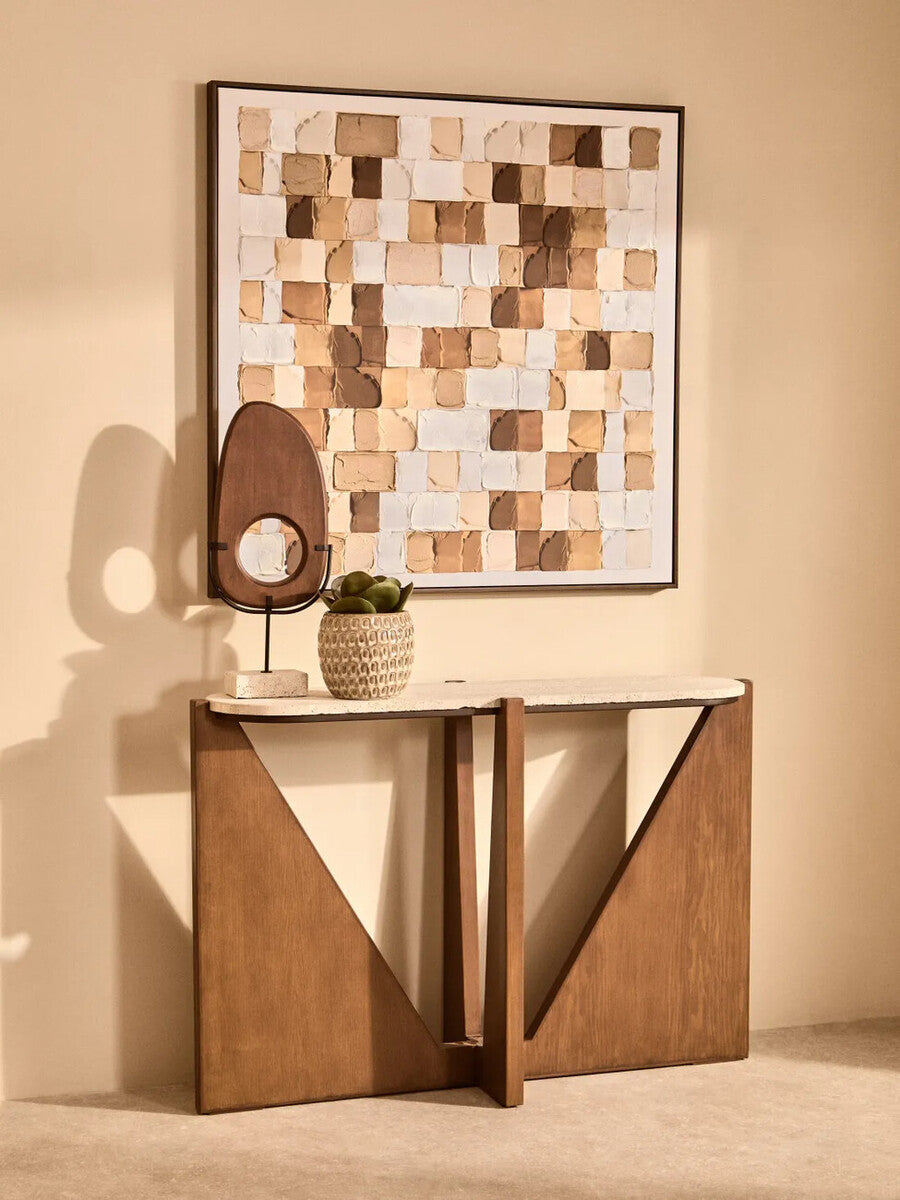 Cream Travertine Top Console Table with Brown Acacia Wood Frame | Winton