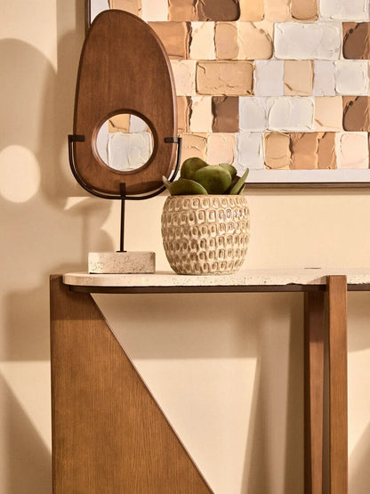 Cream Travertine Top Console Table with Brown Acacia Wood Frame | Winton