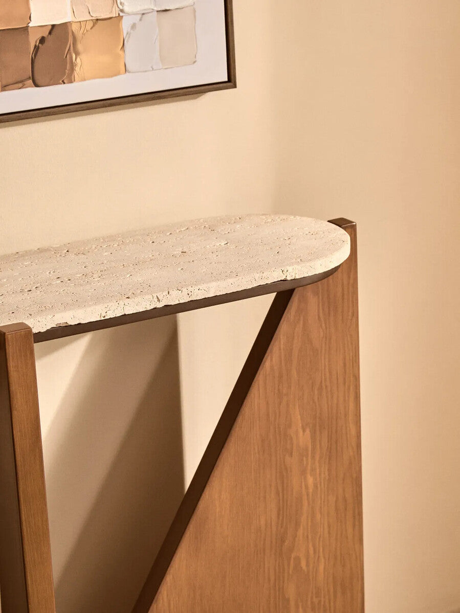 Cream Travertine Top Console Table with Brown Acacia Wood Frame | Winton