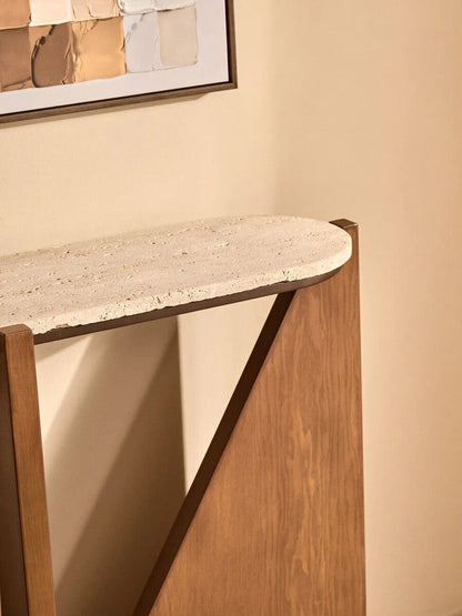 Cream Travertine Top Console Table with Brown Acacia Wood Frame | Winton
