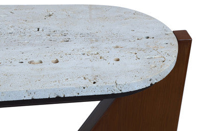 Cream Travertine Top Console Table with Brown Acacia Wood Frame | Winton