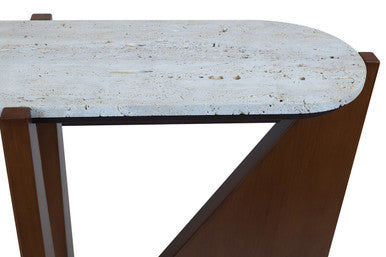 Cream Travertine Top Console Table with Brown Acacia Wood Frame | Winton
