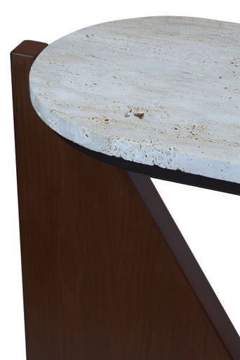 Cream Travertine Top Console Table with Brown Acacia Wood Frame | Winton