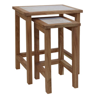Set of 2 Cream Travertine Top Small Nesting Console Tables with Natural Acacia Wood Frames | Womad