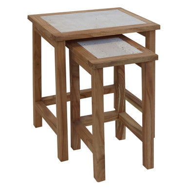 Set of 2 Cream Travertine Top Small Nesting Console Tables with Natural Acacia Wood Frames | Womad