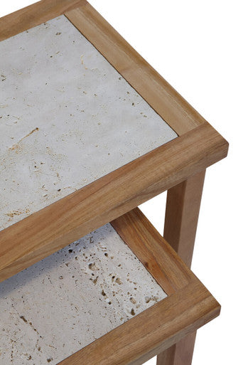 Set of 2 Cream Travertine Top Small Nesting Console Tables with Natural Acacia Wood Frames | Womad