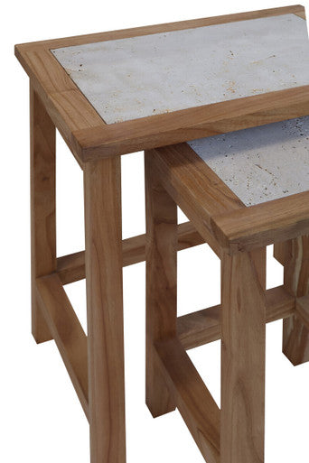 Set of 2 Cream Travertine Top Small Nesting Console Tables with Natural Acacia Wood Frames | Womad