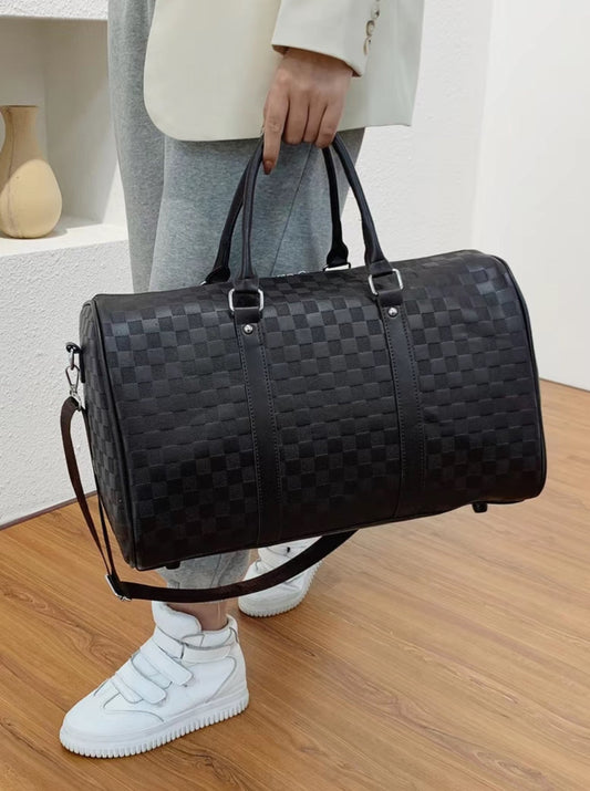 Luxury Black Checkered Duffel Bag with Shoulder Strap