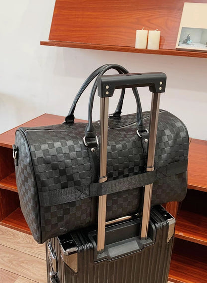 Luxury Black Checkered Duffel Bag with Shoulder Strap