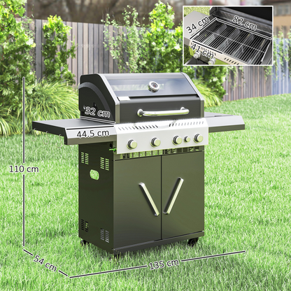 Outsunny 4+1 Burner Gas BBQ Grill with Clear View Lid, Thermometer, Black