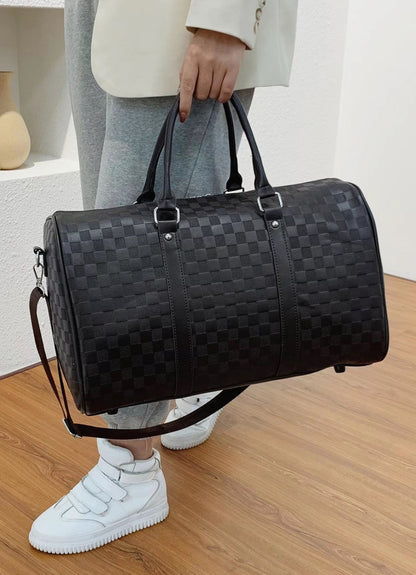 Luxury Black Checkered Duffel Bag with Shoulder Strap