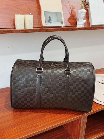Luxury Black Checkered Duffel Bag with Shoulder Strap