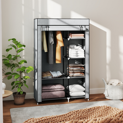 Fabric Wardrobe Portable Wardrobe with 6 Shelves 1 Hanging Rail Light Grey