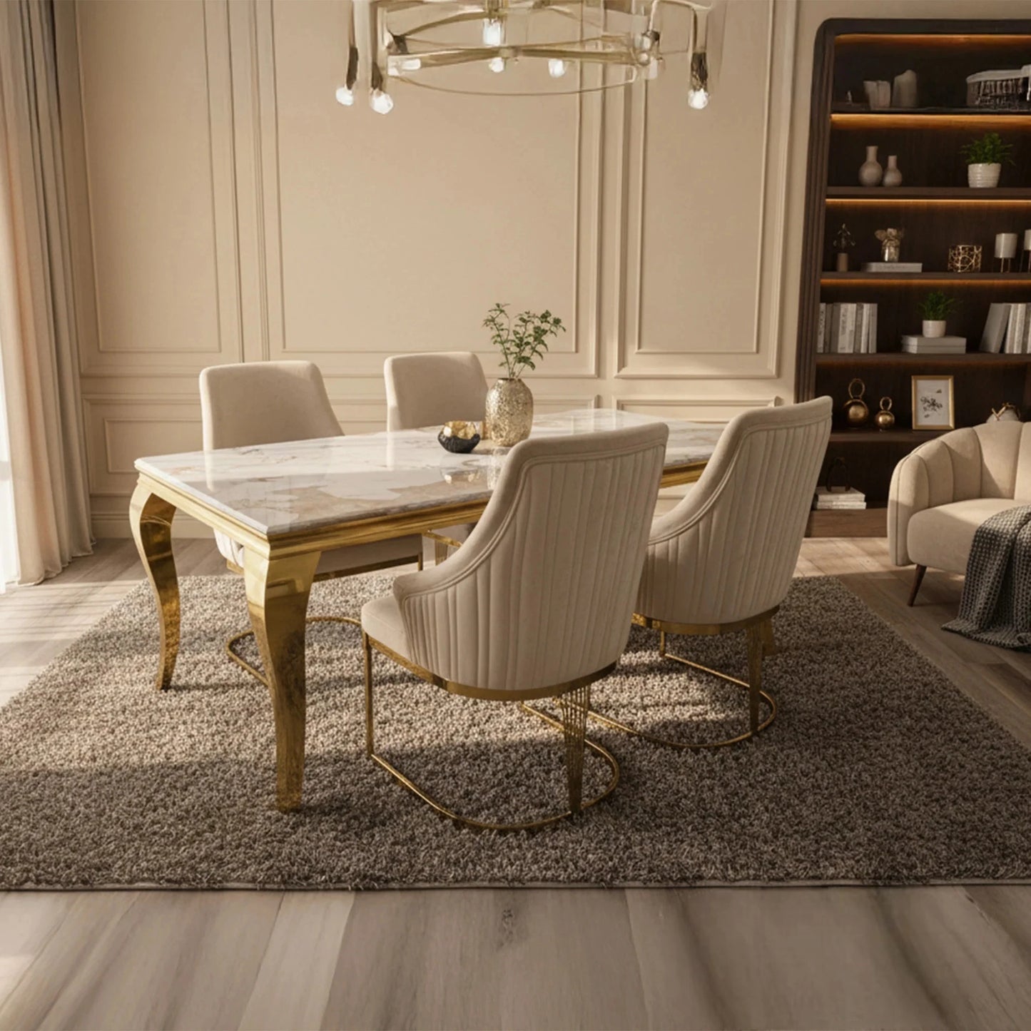 Luxury Lorens Gold 180cm Marble Dining Table With 4-Legs Base