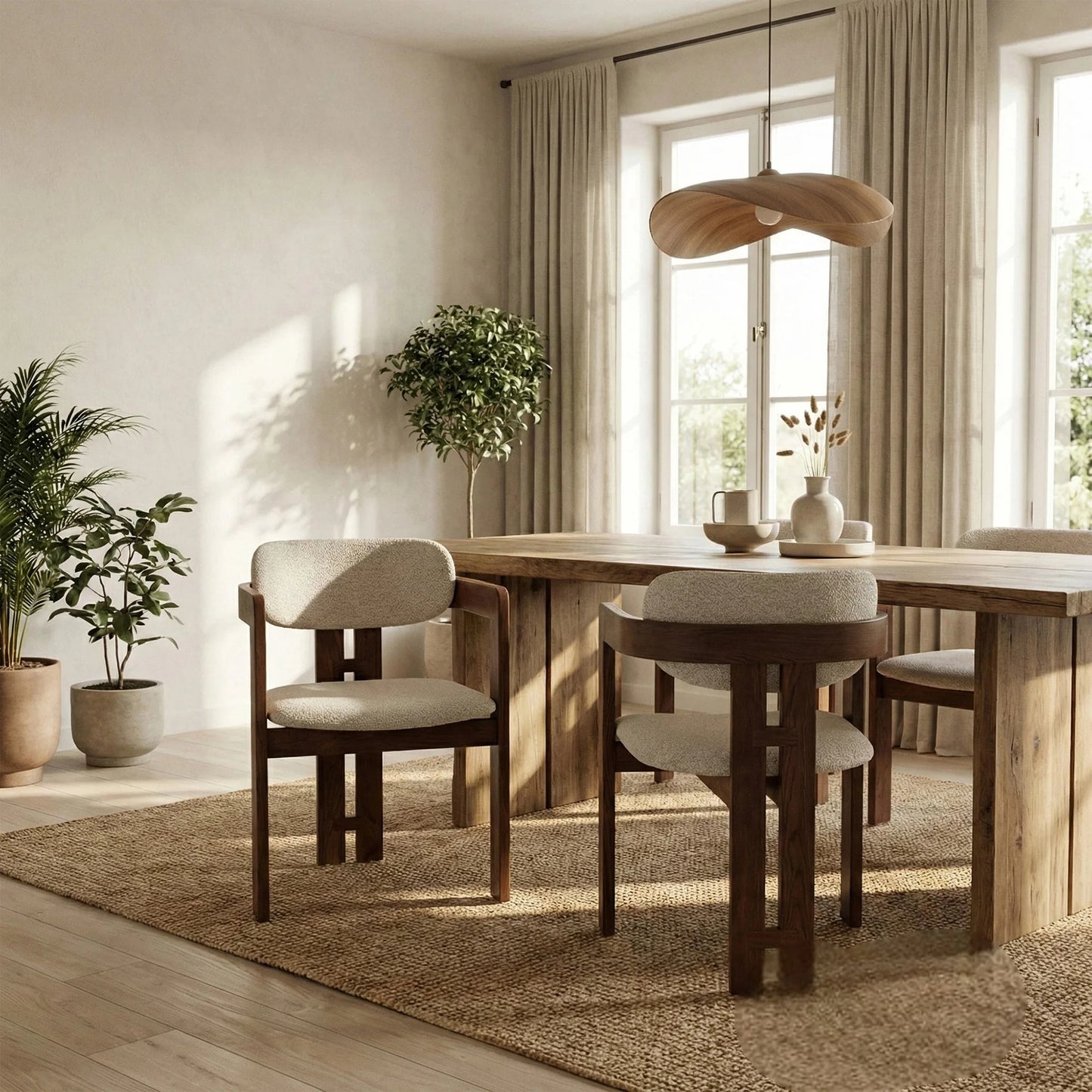 ALUXO Clara Walnut Dining Chair In Oatmeal Beige Boucle Fabric – Set of 2