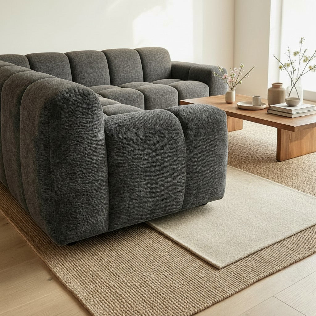ALUXO Harlem 3 Seater Sofa In Steel Grey Velvet And Channel Stitch