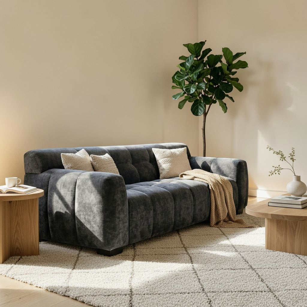ALUXO Harlem 3 Seater Sofa In Steel Grey Velvet And Channel Stitch