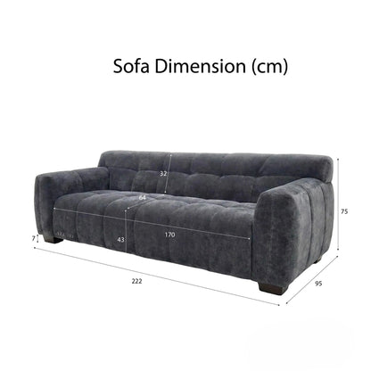 ALUXO Harlem 3 Seater Sofa In Steel Grey Velvet And Channel Stitch