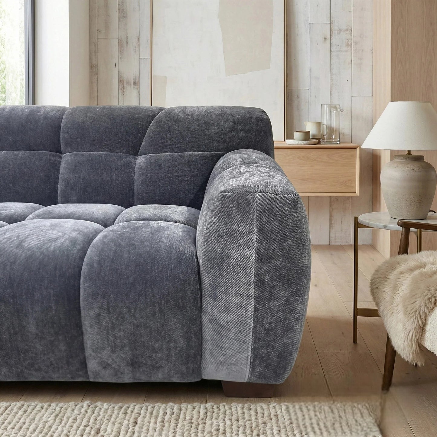 ALUXO Harlem 3 Seater Sofa In Steel Grey Velvet And Channel Stitch