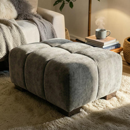 ALUXO Harlem Deep Channel Stitched Footstool In Cocoa Chocolate Mermaid Velvet