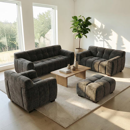 ALUXO Harlem Deep Channel Stitched Footstool In Cocoa Chocolate Mermaid Velvet