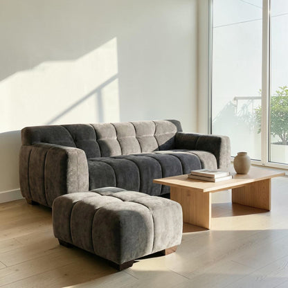 ALUXO Harlem Deep Channel Stitched Footstool In Cocoa Chocolate Mermaid Velvet