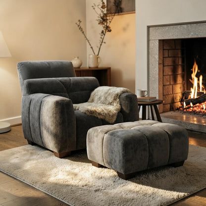 ALUXO Harlem Deep Channel Stitched Footstool In Cocoa Chocolate Mermaid Velvet