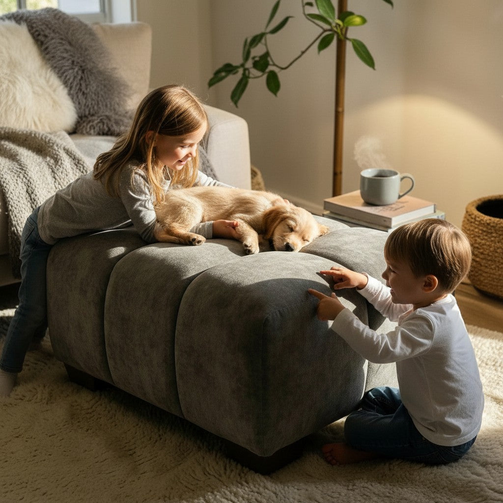 ALUXO Harlem Deep Channel Stitched Footstool In Cocoa Chocolate Mermaid Velvet