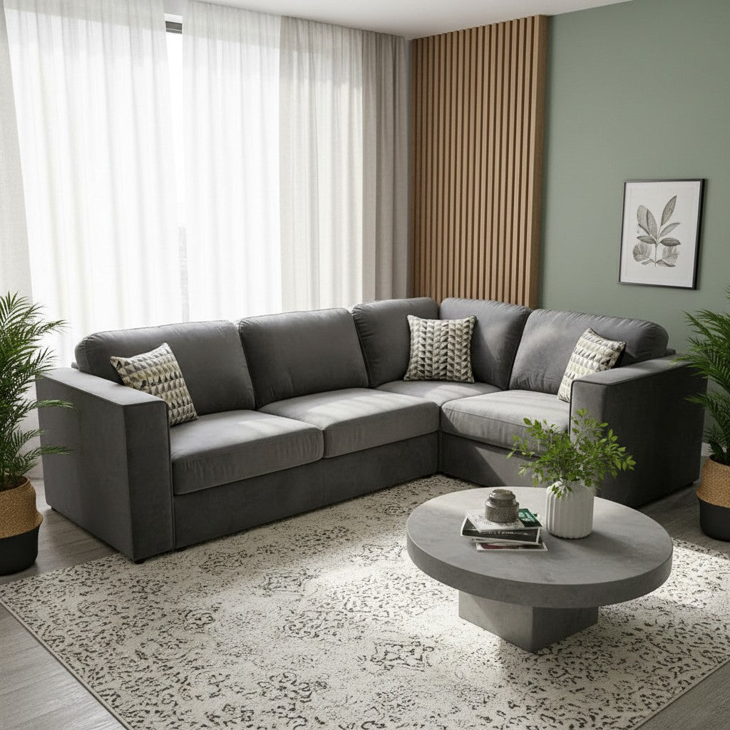 Hudson 4 Piece Corner Sofa With Fixed Full Back In Pebble Grey Velvet Fabric