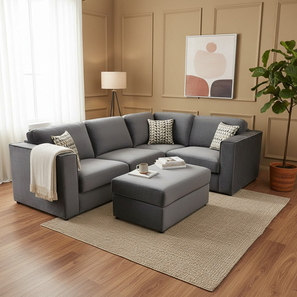 Hudson 4 Piece Corner Sofa With Fixed Full Back In Pebble Grey Velvet Fabric