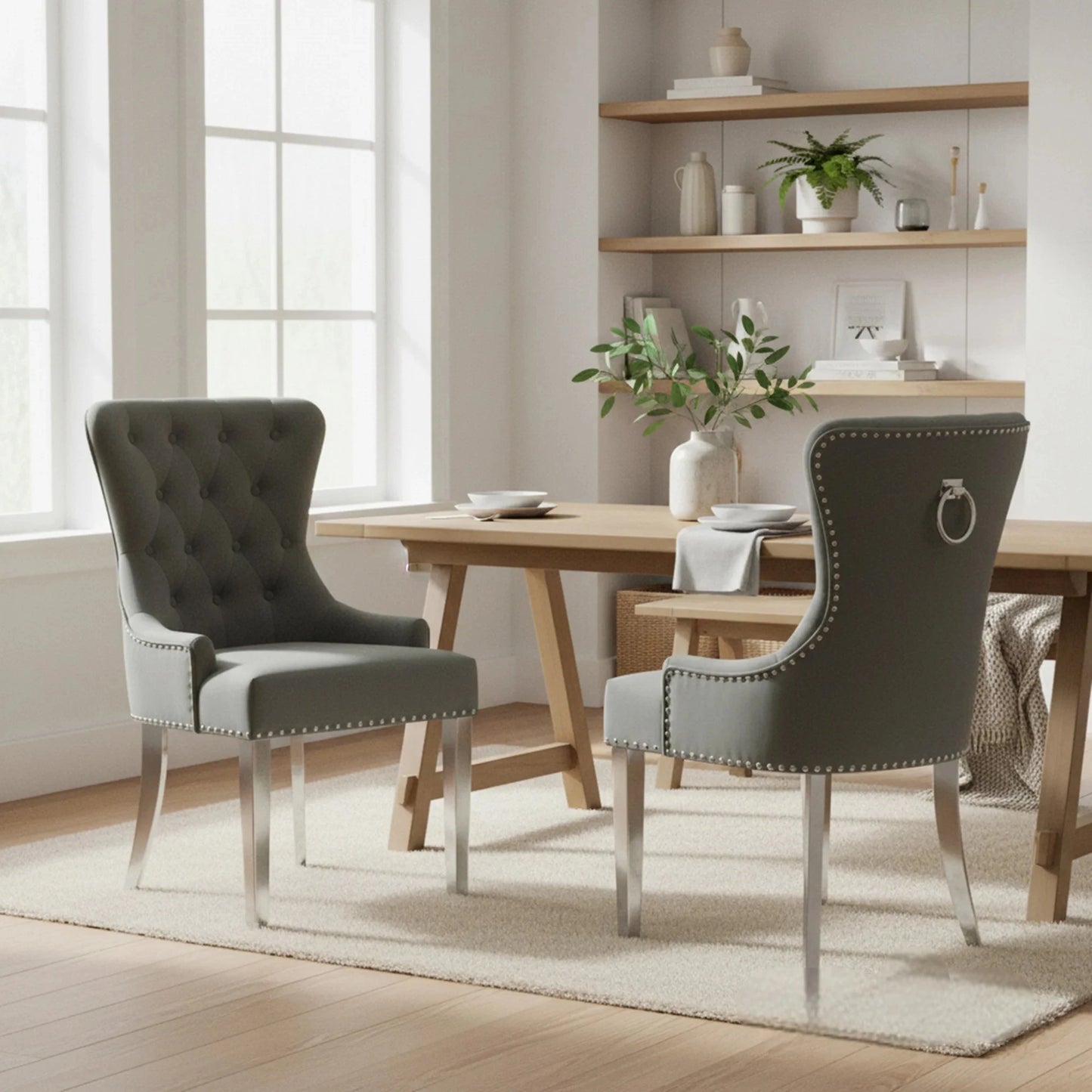 ALUXO Megan Dark Grey Velvet Dining Chair With Chrome Ring Knocker And Studded Detail