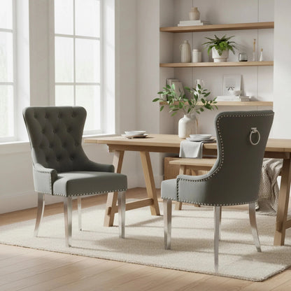 ALUXO Megan Dark Grey Velvet Dining Chair With Chrome Ring Knocker And Studded Detail