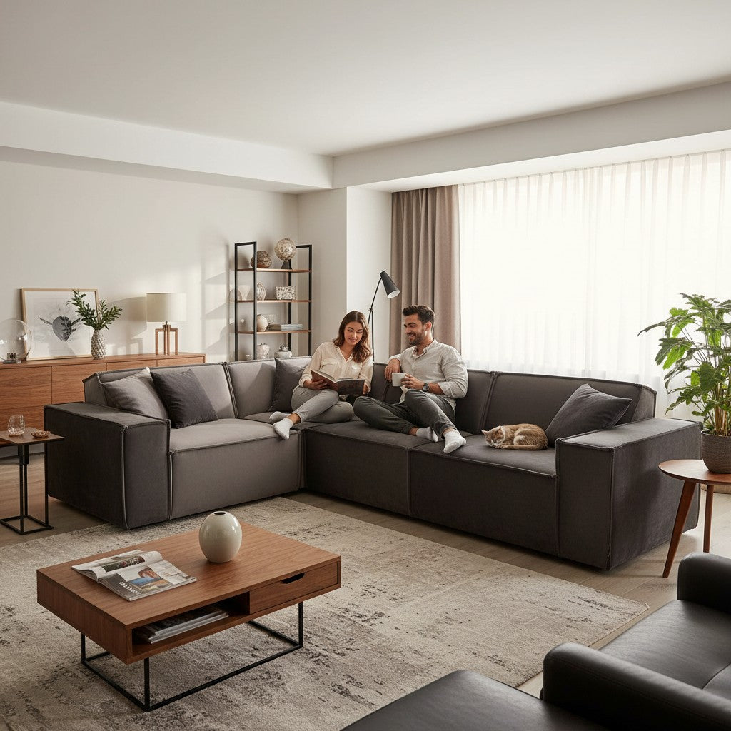 Midland Corner Sofa In Pebble Grey Velvet Fabric