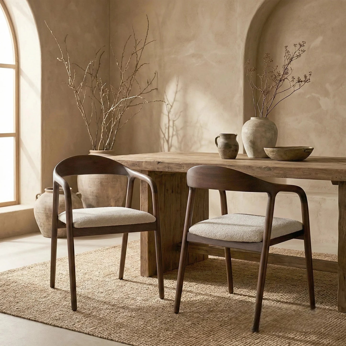 ALUXO Tess Walnut Dining Chair In Oatmeal Beige Boucle Fabric - Set Of 2