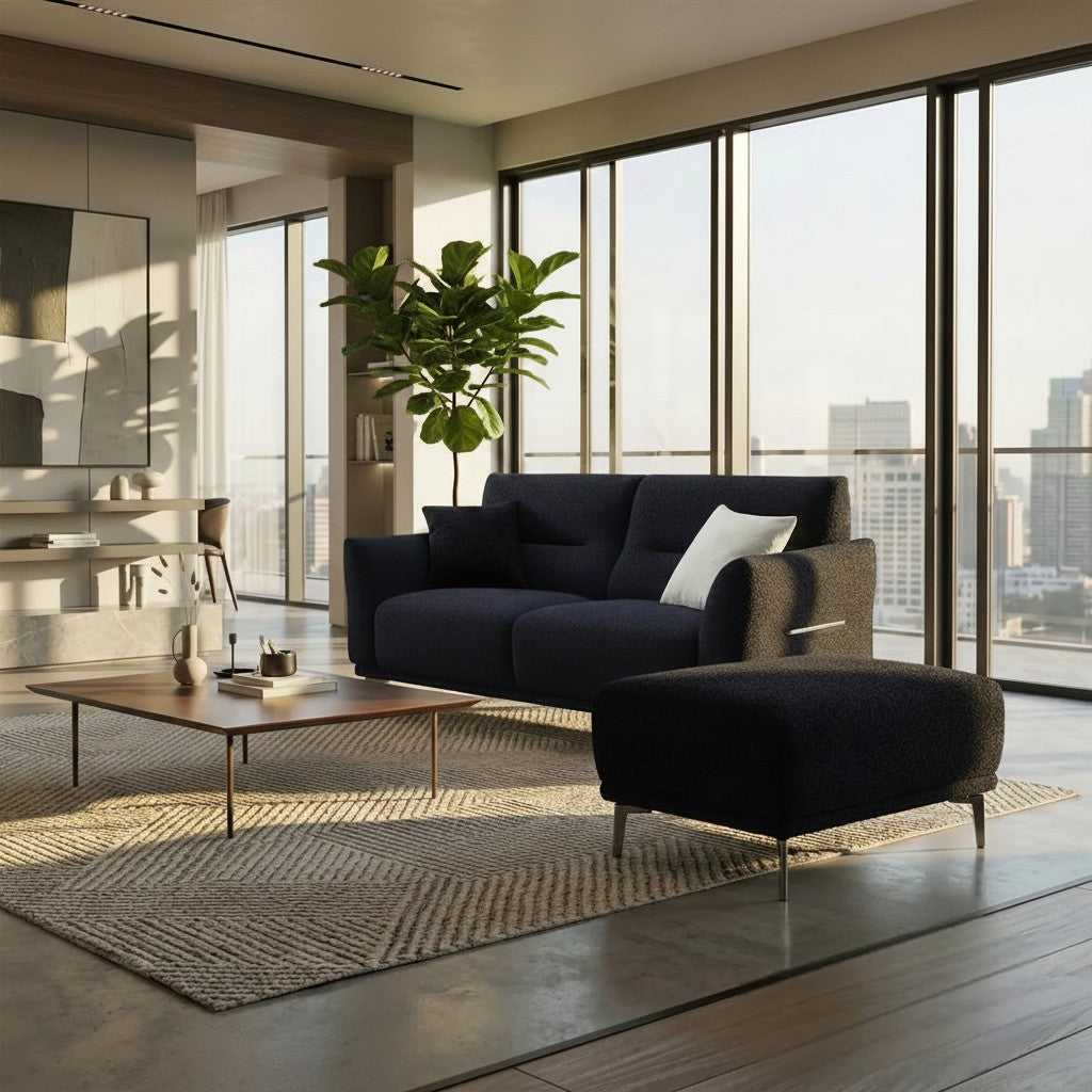 ALUXO Albany Footstool In Midnight Black Boucle Fabric