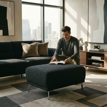 ALUXO Albany Footstool In Midnight Black Boucle Fabric