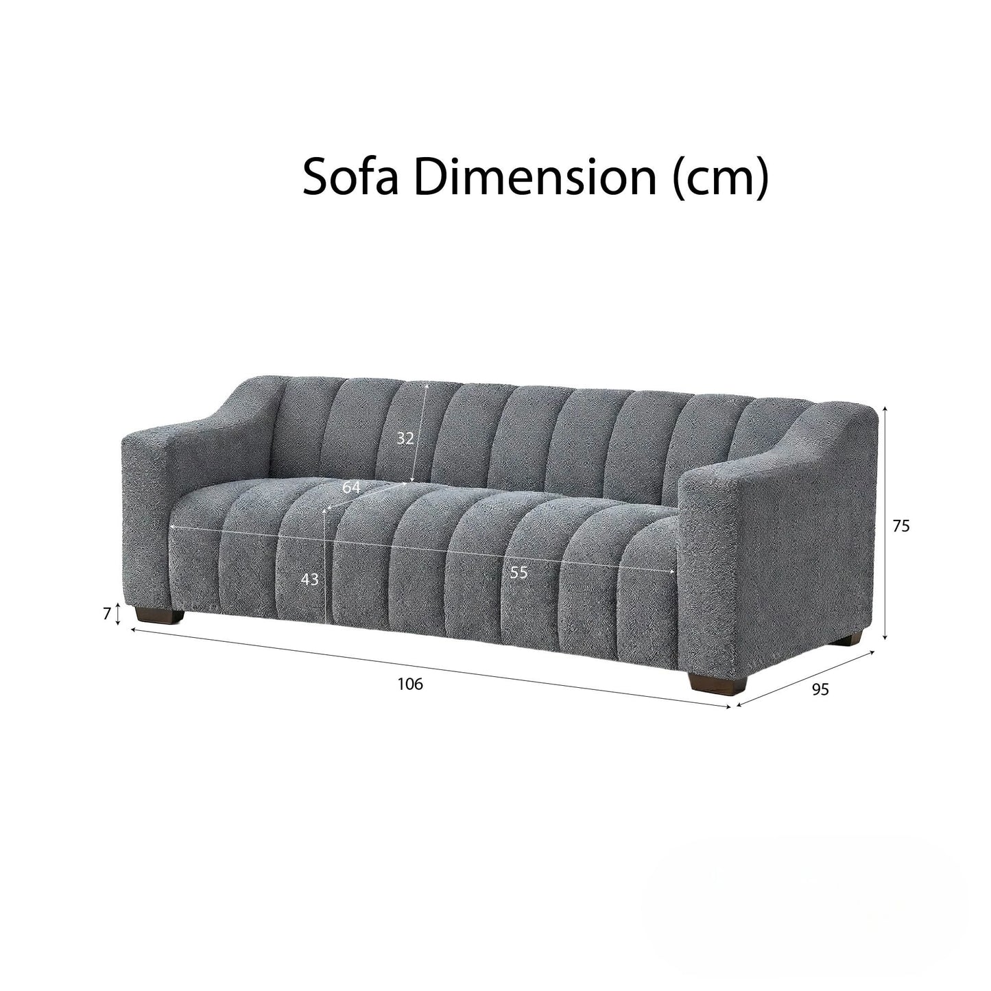 ALUXO Astoria Deep Channel Stitched 3 Seater Sofa in Iron Grey Boucle Fabric