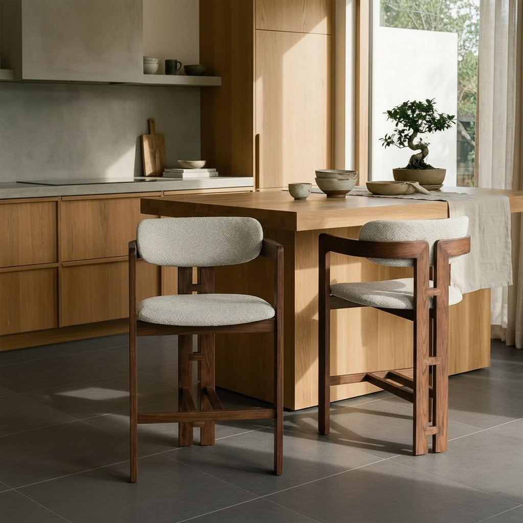 ALUXO Clara Walnut Bar Stool With Oatmeal Beige Boucle Upholstery Fabric