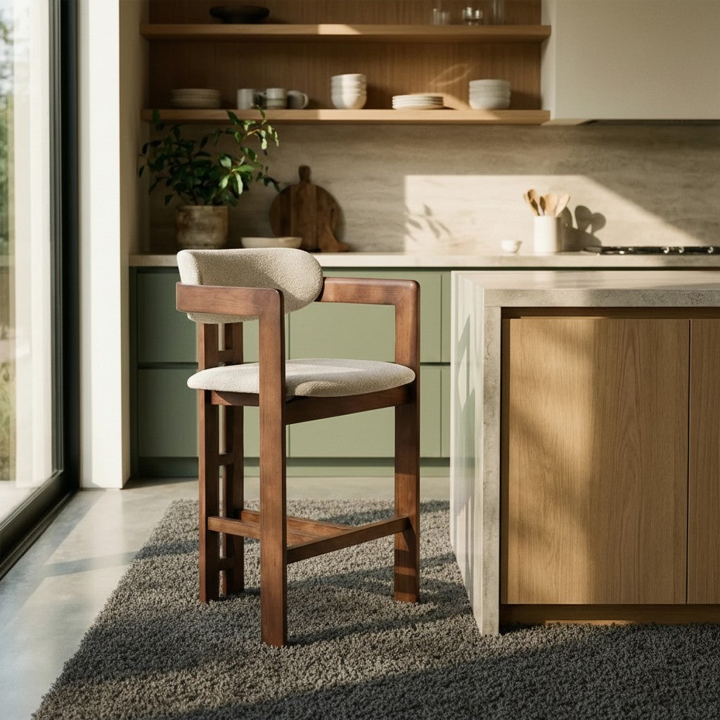 ALUXO Clara Walnut Bar Stool With Oatmeal Beige Boucle Upholstery Fabric