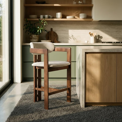 ALUXO Clara Walnut Bar Stool With Oatmeal Beige Boucle Upholstery Fabric