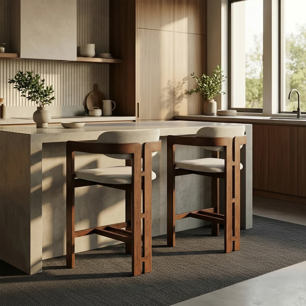 ALUXO Clara Walnut Bar Stool With Oatmeal Beige Boucle Upholstery Fabric