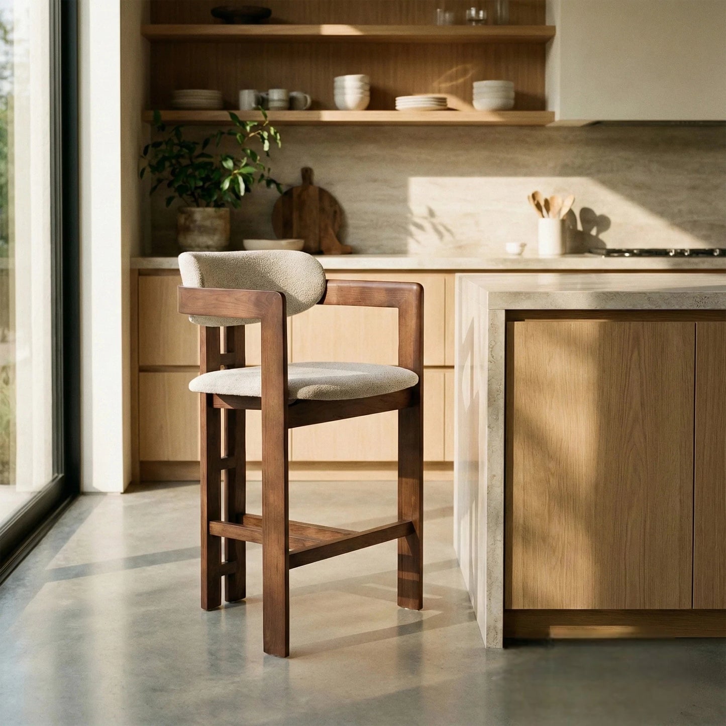 ALUXO Clara Walnut Bar Stool With Oatmeal Beige Boucle Upholstery Fabric