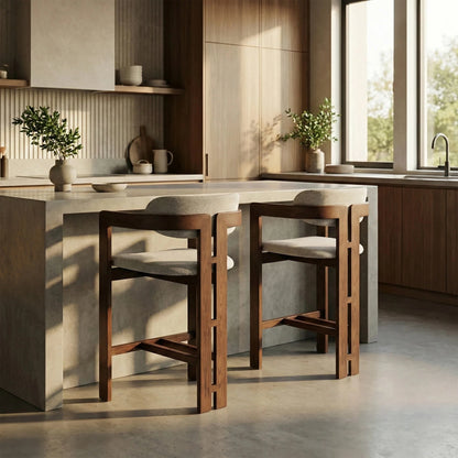 ALUXO Clara Walnut Bar Stool With Oatmeal Beige Boucle Upholstery Fabric