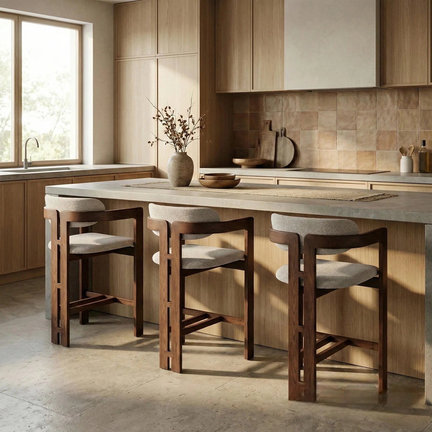 ALUXO Clara Walnut Bar Stool With Oatmeal Beige Boucle Upholstery Fabric