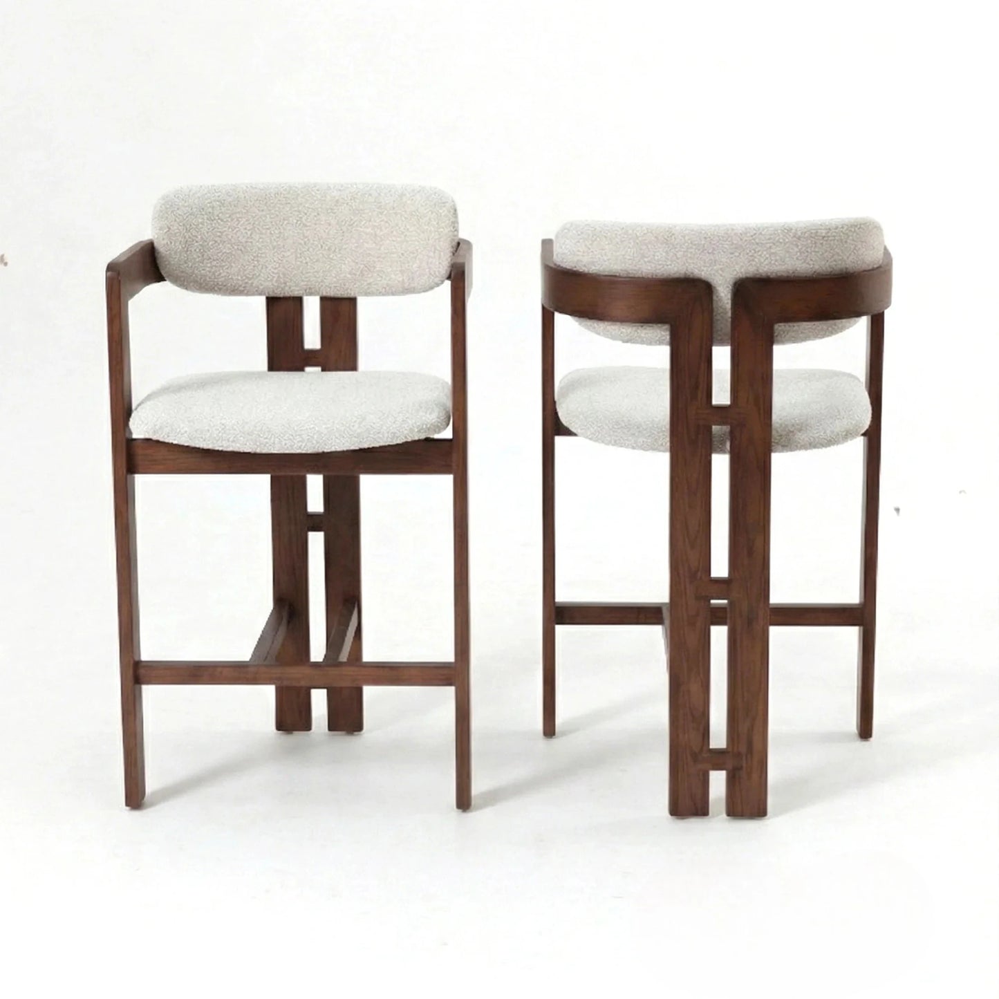 ALUXO Clara Walnut Bar Stool With Oatmeal Beige Boucle Upholstery Fabric