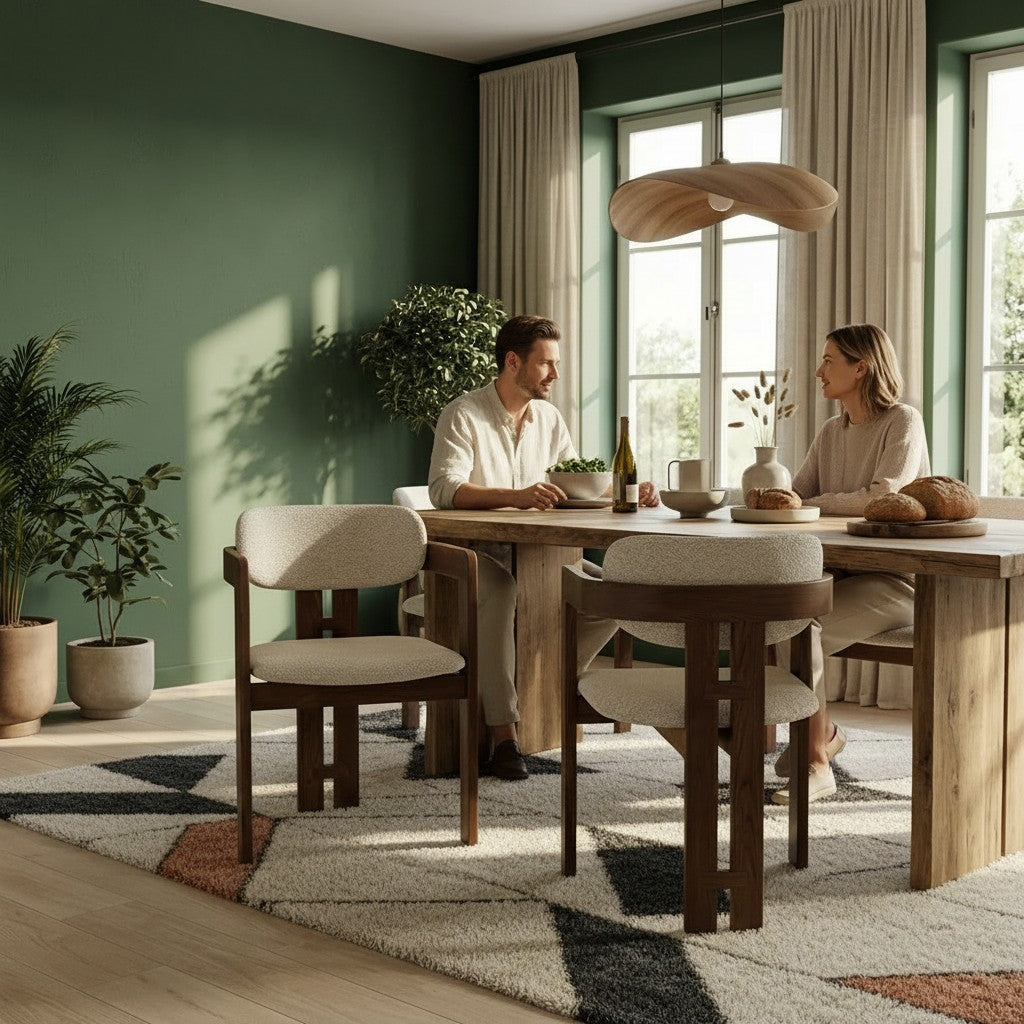 ALUXO Clara Walnut Dining Chair In Oatmeal Beige Boucle Fabric – Set of 2