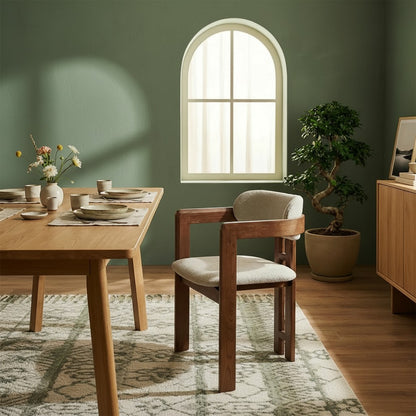 ALUXO Clara Walnut Dining Chair In Oatmeal Beige Boucle Fabric – Set of 2