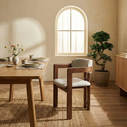 ALUXO Clara Walnut Dining Chair In Oatmeal Beige Boucle Fabric – Set of 2